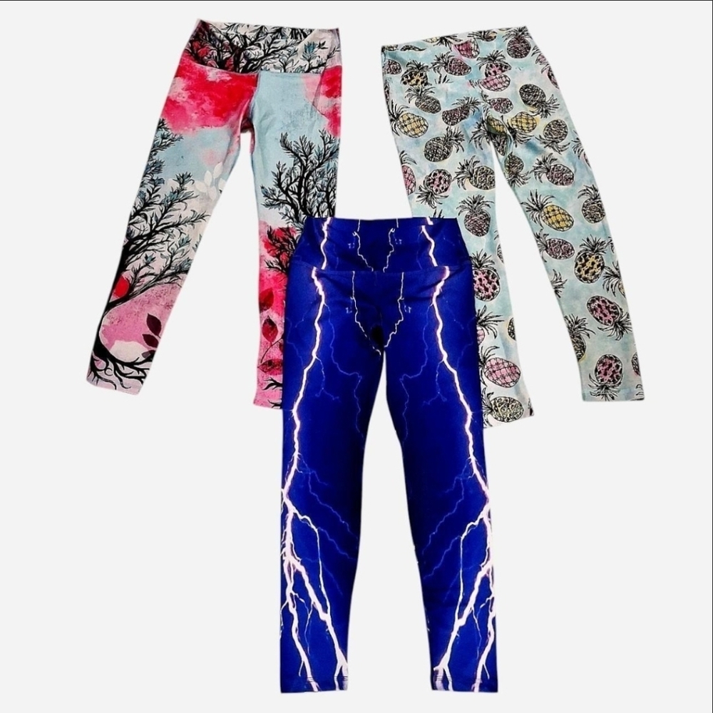 Om Shanti Bundle Leggings 3 Pairs Lightning Pineapples Trees Floral Blue Pink M